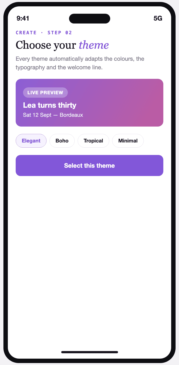Vivory theme picker with a live preview of the invitation card and a list of styles.