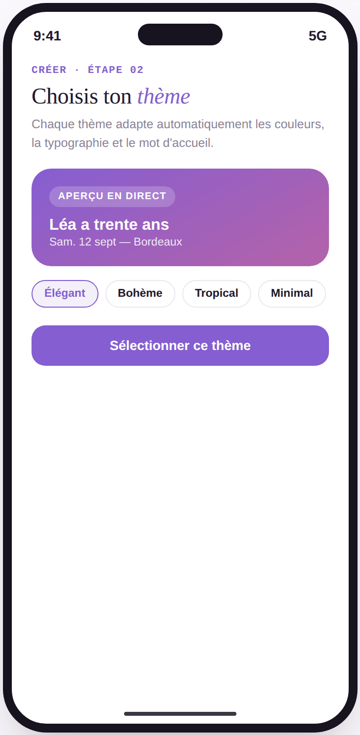 Écran Vivory de sélection de thème avec aperçu en direct de la carte d'invitation.