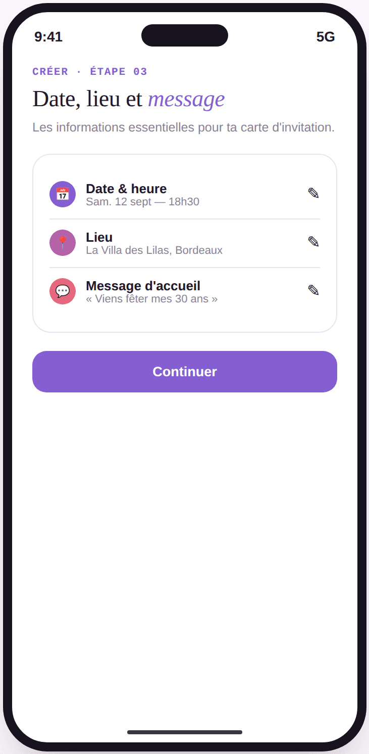 Écran Vivory de saisie des informations d'événement : date, lieu et message d'accueil.