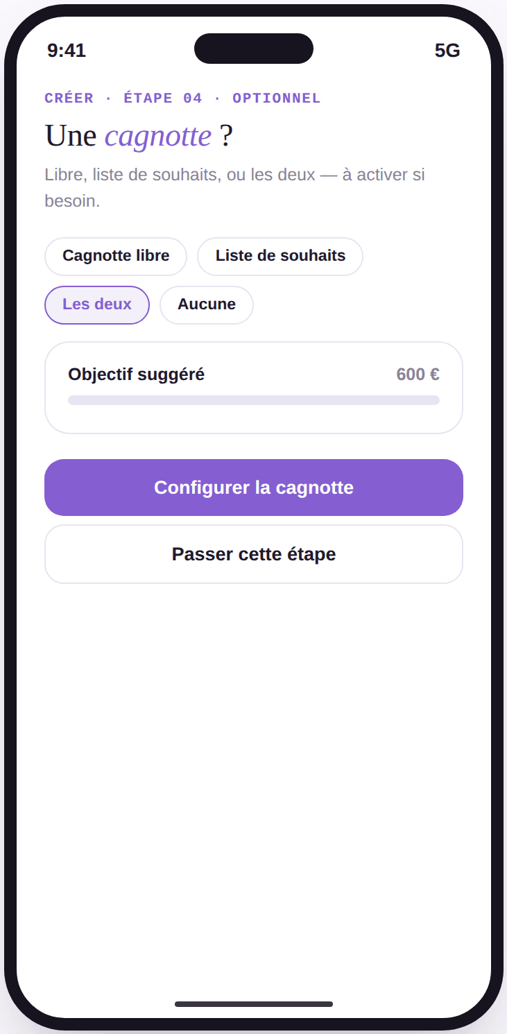 Écran Vivory de configuration de la cagnotte, avec choix entre cagnotte libre et liste de souhaits.