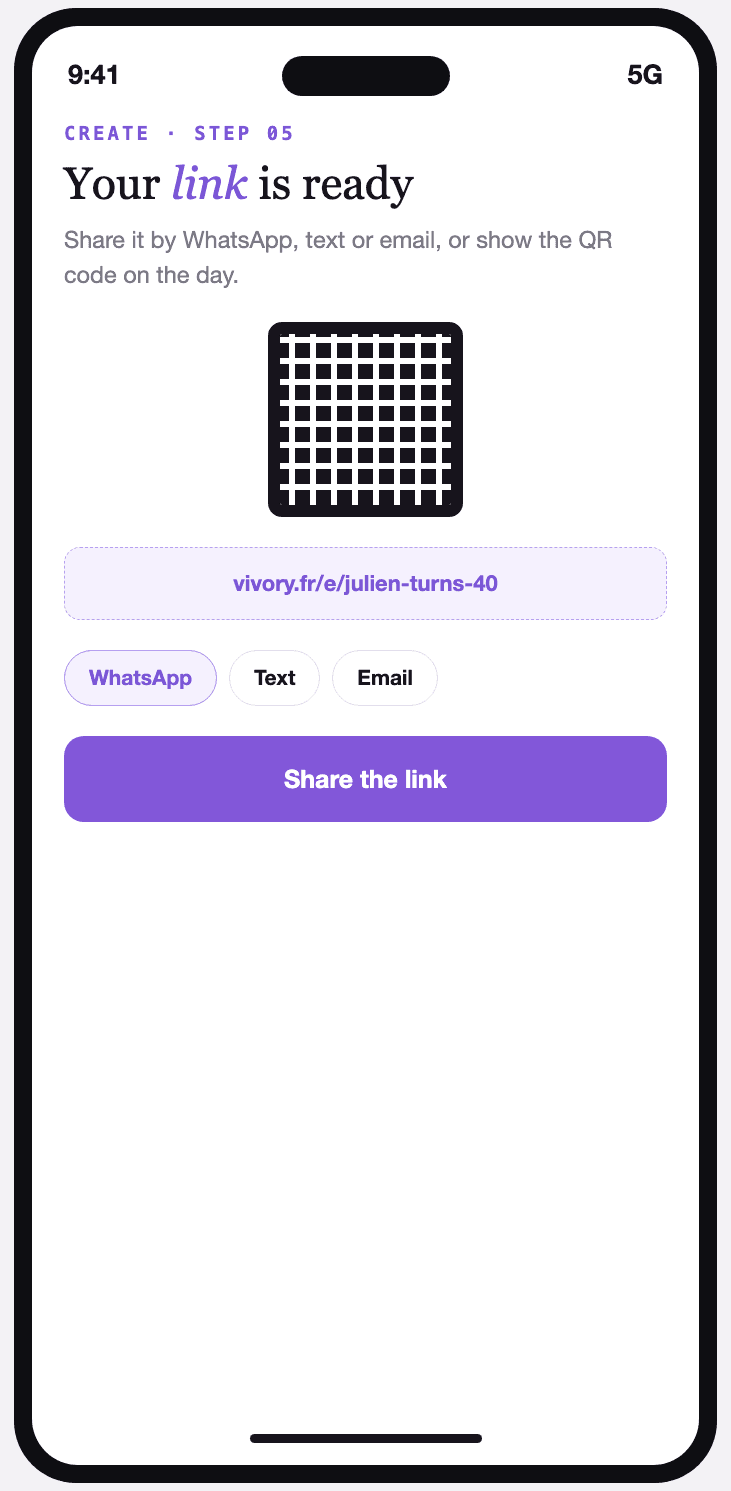 Vivory screen showing the event's unique link and QR code, ready to share.