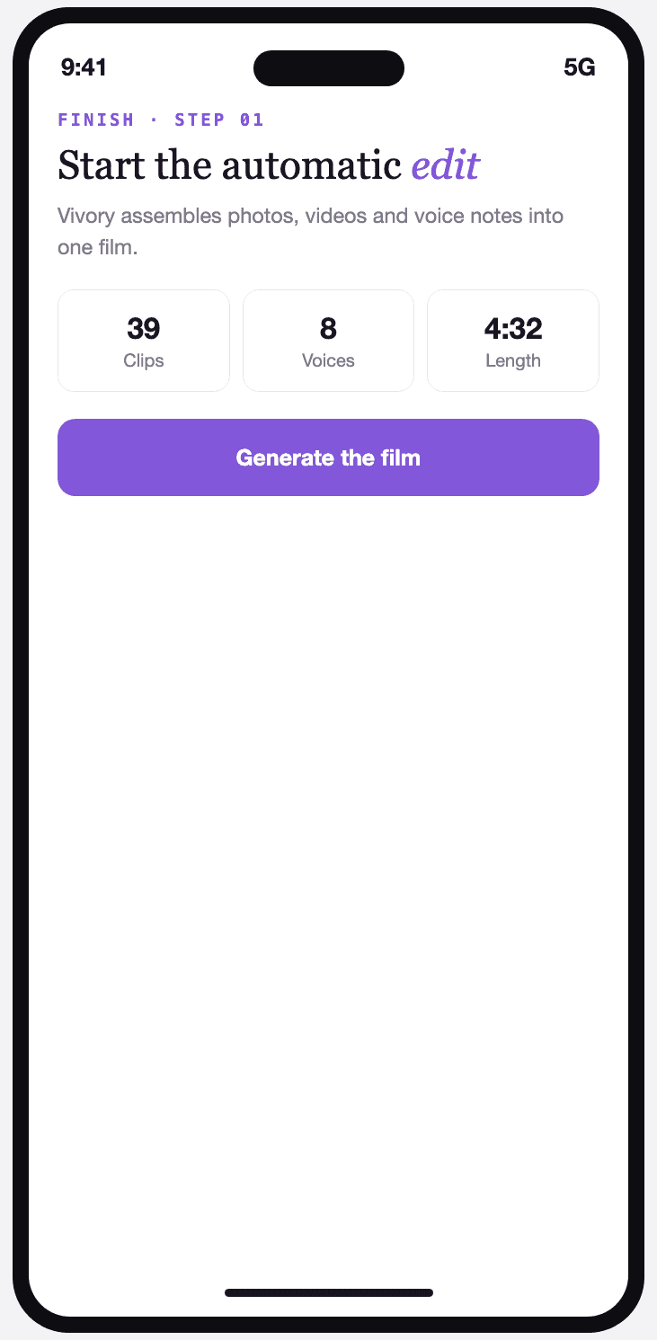 Vivory automatic edit screen showing the number of clips and voice notes collected.