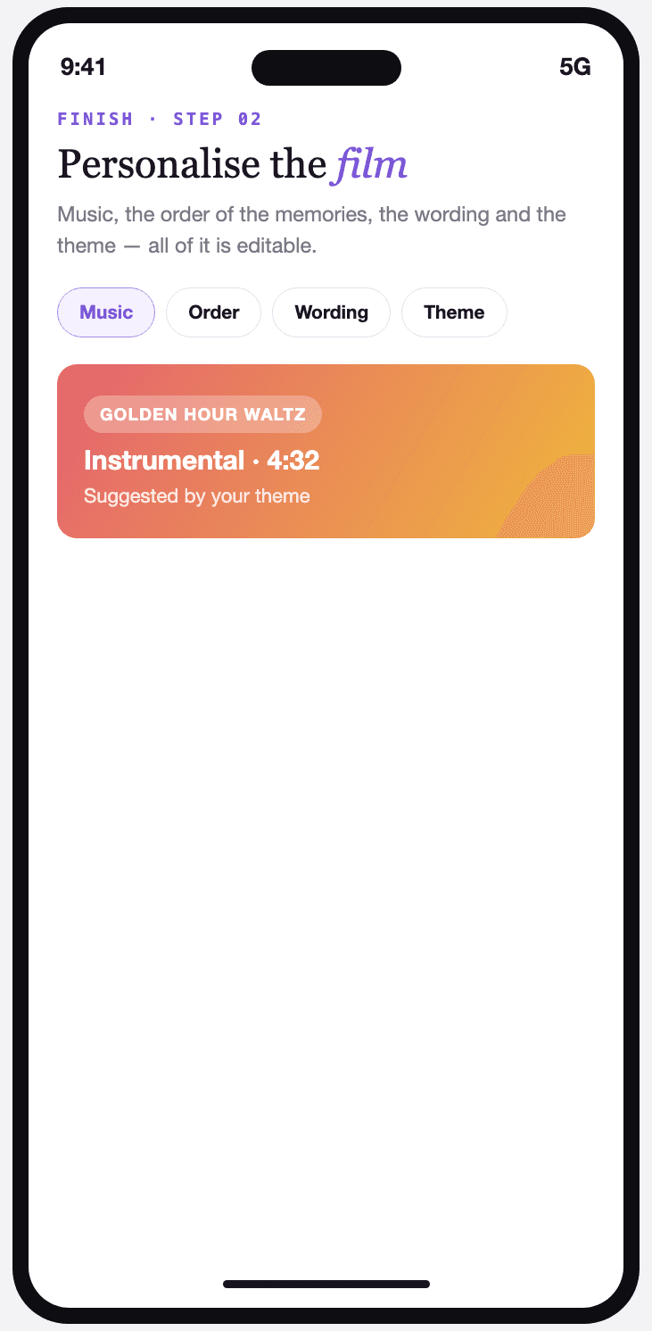 Vivory film personalisation screen with music choice and the available settings.