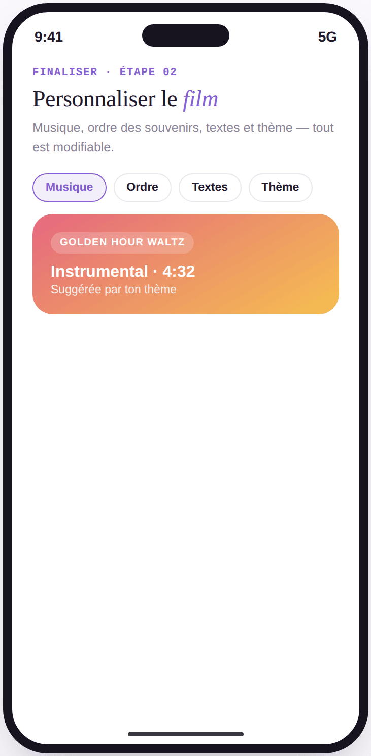 Écran Vivory de personnalisation du film avec choix de la musique et des réglages disponibles.