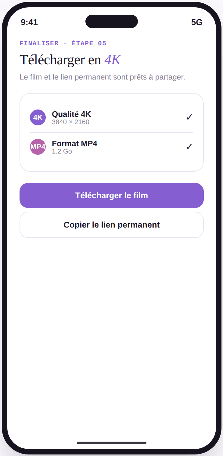 Écran Vivory de téléchargement du film en 4K avec les informations de qualité et de format.