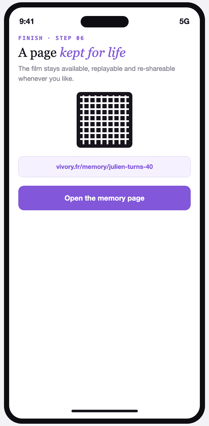 Vivory screen showing the permanent memory page, reachable through its own link.