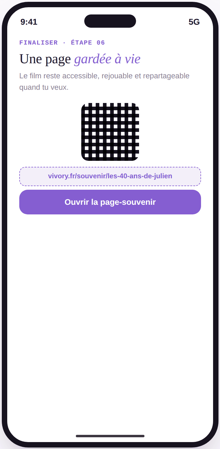 Écran Vivory présentant la page-souvenir permanente accessible via un lien dédié.
