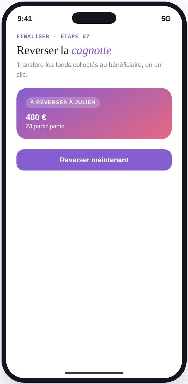 Écran Vivory de reversement de la cagnotte collectée au bénéficiaire de l'événement.