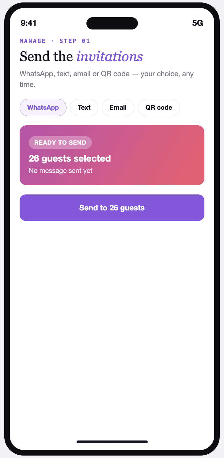 Vivory invitation sending screen with a choice of channel: WhatsApp, text, email, QR code.