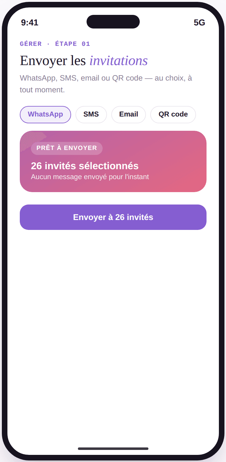 Écran Vivory d'envoi des invitations avec choix du canal : WhatsApp, SMS, email, QR code.