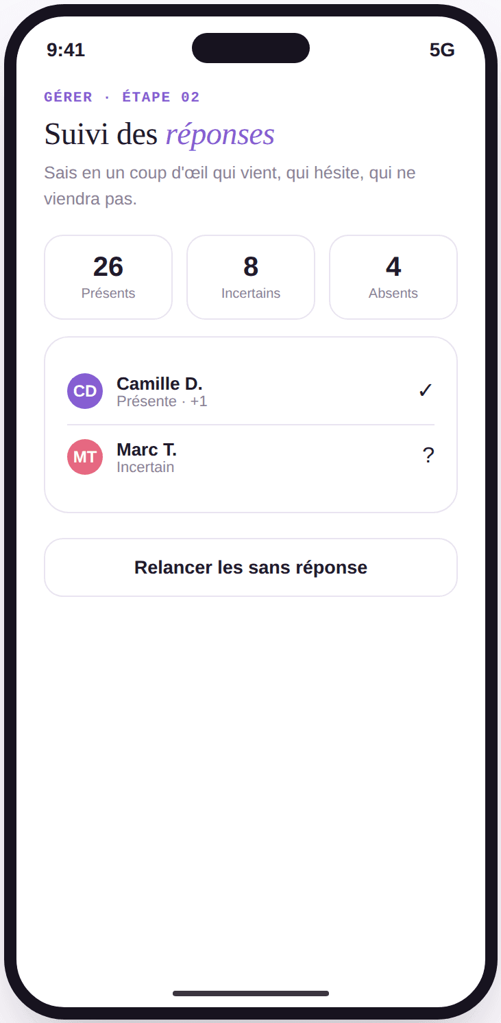 Écran Vivory de suivi RSVP avec taux de présence et liste des invités par statut.