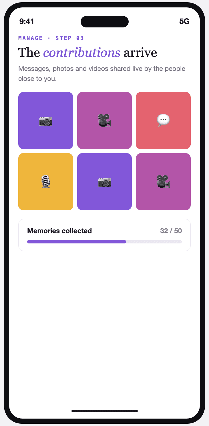 Vivory screen listing the contributions received: photos, videos, messages and voice notes.
