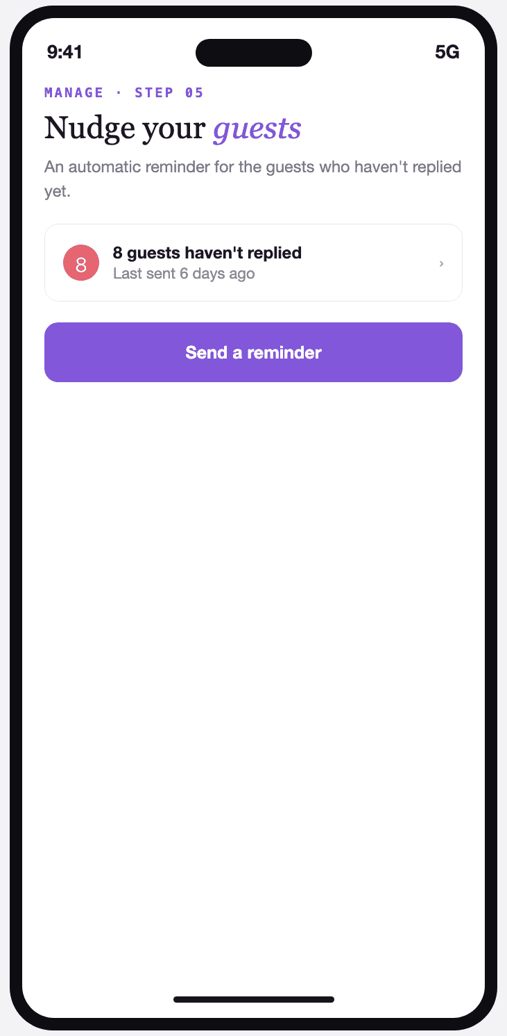 Vivory reminder screen for guests who haven't yet replied to the invitation.