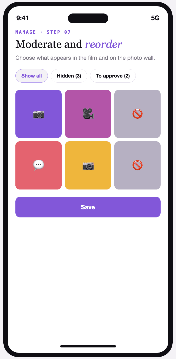 Vivory moderation screen for guest contributions, with filters and a grid view.